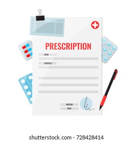 Prescription drugs form and pen with flat style pills. Medical set. Vector illustration.