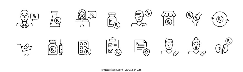 Medicamentos recetados. Salud y medicina, compras farmacéuticas. Juego de iconos de línea de trazo de píxeles perfectos y editables