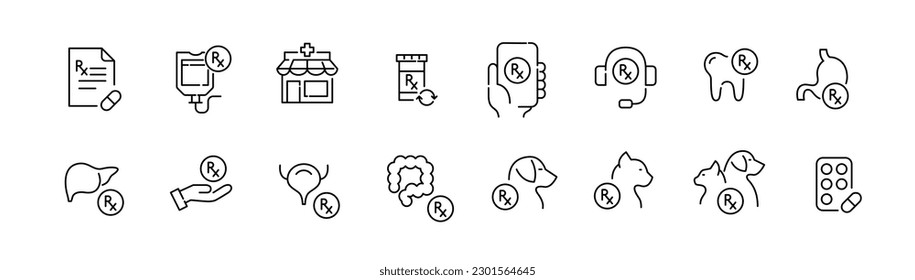 Prescription drugs. Healthcare and medicine, pharmaceutical shopping. Pixel perfect, editable stroke line icons set