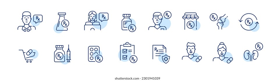 Prescription drugs. Healthcare and medicine, pharmaceutical shopping. Pixel perfect, editable stroke line icons set