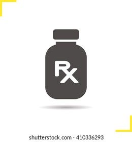 Prescription Drugs Icon. Drop Shadow Medication Silhouette Symbol. Painkiller. Medicine Bottle With Rx Sign. Vector Isolated Illustration