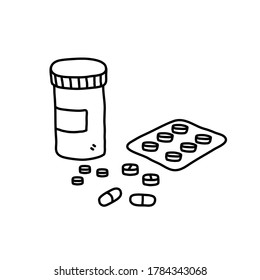 Verschreibung von Medikamenten und Medizin Doodle, handgezeichnete Vektordoodle-Illustration verschiedener Arzneimittel-Tabletten und Medikamententabletten für medizinische Zwecke, einzeln auf weißem Hintergrund.