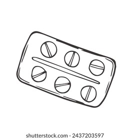 Verschreibungspflichtige Medikamente und Medizin Doodle, handgezeichnete Vektor-Doodle-Illustration von verschiedenen Medizin-Tabletten und Medikamenten-Pillen für medizinische Zwecke, isoliert auf weißem Hintergrund.