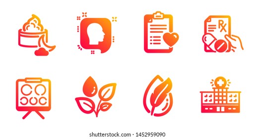 Prescription drugs, Patient history and Night cream line icons set. Plants watering, Head and Vision board signs. Hypoallergenic tested, Hospital building symbols. Pills, Medical survey. Vector
