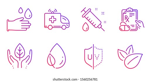 Prescription drugs, Rubber gloves and Uv protection line icons set. Ambulance car, Leaf dew and Fair trade signs. Medical syringe, Organic product symbols. Pills, Hygiene equipment. Vector