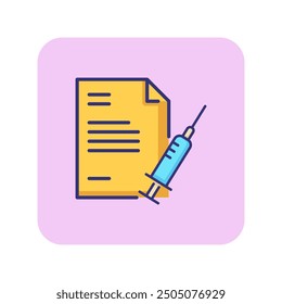 Prescription form with syringe and checkmark line icon. Treatment, remedy, diagnosis. Medicine concept. Vector illustration can be used for topics like medical care, illness, injection