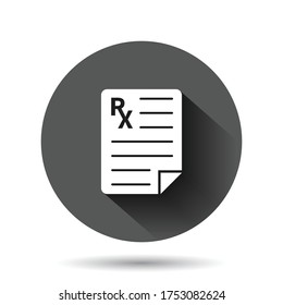 Prescription icon in flat style. Rx document vector illustration on black round background with long shadow effect. Paper circle button business concept.