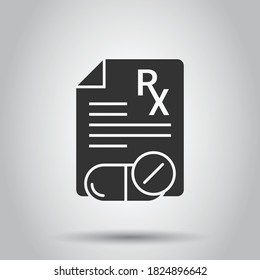 Prescription icon in flat style. Rx document vector illustration on white isolated background. Paper business concept.