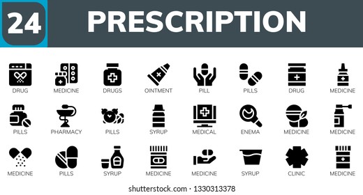 prescription icon set. 24 filled prescription icons.  Collection Of - Drug, Medicine, Drugs, Ointment, Pill, Pills, Pharmacy, Syrup, Medical, Enema, Clinic