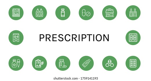 prescription icon set. Collection of Pharmacy, Suppositories, Drug container, Drug, Medicine, Medical report, Ointment, Drugs, Blister pack icons