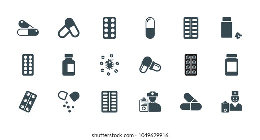 Prescription icons. set of 18 editable filled prescription icons: pill, medical bottle, medicine, medical pills, doctor prescription