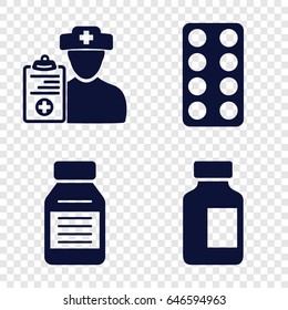 Prescription icons set. set of 4 prescription filled icons such as pill, medical bottle, medicine