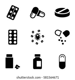 prescription icons set. Set of 9 prescription filled icons such as pill, medical bottle, medicine, medical pills