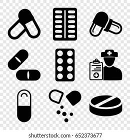 Prescription icons set. set of 9 prescription filled icons such as pill