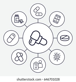 Prescription icons set. set of 9 prescription outline icons such as pill, medicine, medical pills, doctor prescription