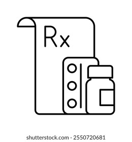 Prescription, line icon. Doctor's list of medications, pills, capsules. Treatment, prescription, therapy. Line icon set. Editable strokes