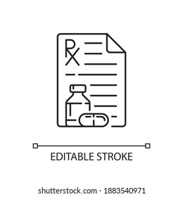 Prescription linear icon. Receiving medication prescribed online. Pharmaceutical drugs, vitamins. Thin line customizable illustration. Contour symbol. Vector isolated outline drawing. Editable stroke