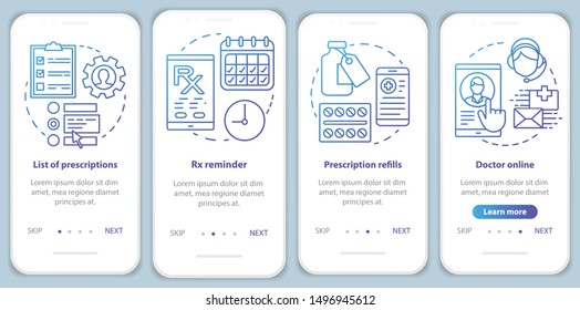 Prescription list and online pharmacy onboarding mobile app page screen vector template. Rx refills. Walkthrough website steps with linear illustrations. UX, UI, GUI smartphone interface concept