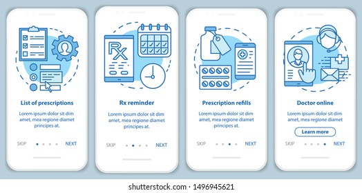 Prescription list and online pharmacy onboarding mobile app page screen with linear concepts. Rx refills. Four walkthrough steps graphic instructions. UX, UI, GUI vector template with illustrations