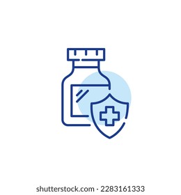 Prescription medication in a bottle. Medical health plan coverage. Pixel perfect, editable stroke line design icon