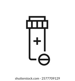 Prescription medicine bottle icon with a cross sign and a round pill. Plastic container outline pictogram. For web page, drugstore logo, mobile interface. Vector illustration isolated on white