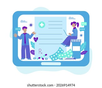 Prescription online vector concept illustration in flat cartoon style. Medical workers are workin on prescriptions online for patients who staying at home.