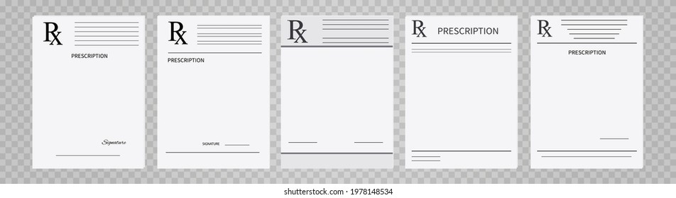 Prescription pad, rx medical form. Realistic set paper document template of doctor's prescription. An example of a recipe for design. Medical marks report, healthcare concept. Vector illustration.