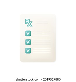 Prescription pad rx. Medical recipe form. Appointment of a doctor on a paper blank. Pharmaceutical drug information document template.  Prescription, examination at the clinic. Vector illustration 3d.