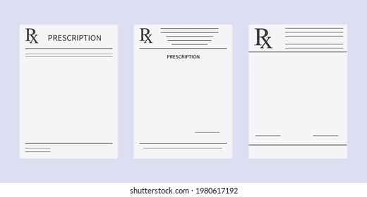 Prescription pad, template medical form. Realistic set paper document rx, doctor's prescription. An example of a recipe for design. Medical marks report, appointment drugs, healthcare concept. Vector