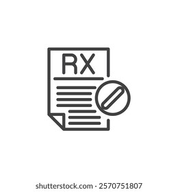 Prescription Painkiller line icon. linear style sign for mobile concept and web design. A document with a "Rx" and a pill outline vector icon. Pharmacy symbol, logo illustration. Vector graphics