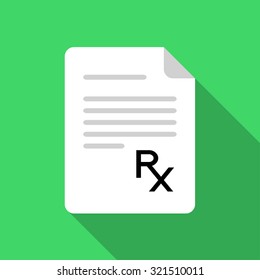 Prescription paper with long shadow. Flat style vector illustration. Pharmacy symbol. Rx sign as a symbol of prescription. Medical design.