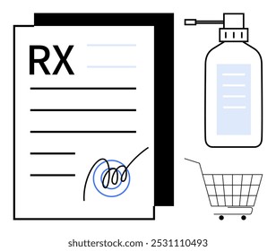 Papel de prescrição com assinatura, garrafa de medicação com rótulo e símbolo de carrinho de compras. Ideal para serviços de farmácia, compras médicas on-line, assistência médica, fornecimento de receita médica e