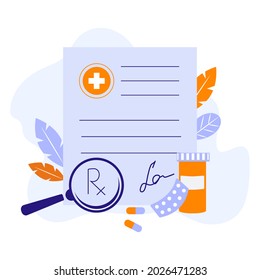 Prescription paper vector concept illustration. Online prescription vector concept. Flat vector cartoon style.