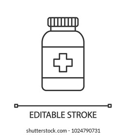 Prescription Pills Bottle Linear Icon. Thin Line Illustration. Medications. Contour Symbol. Vector Isolated Outline Drawing. Editable Stroke