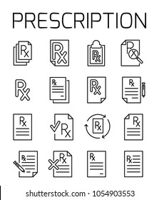 Prescription related vector icon set. Well-crafted sign in thin line style with editable stroke. Vector symbols isolated on a white background. Simple pictograms.