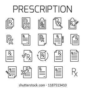 Prescription related vector icon set. Well-crafted sign in thin line style with editable stroke. Vector symbols isolated on a white background. Simple pictograms.