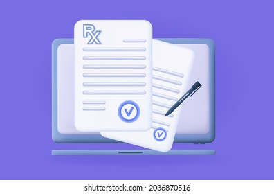 Prescription Rx 3d. Signing An Electronic Medical Document. Online Doctor Appointment For Treatment. Pharmaceutical Form With Medications Online. Recipe Page On Computer Screen. Vector Illustration