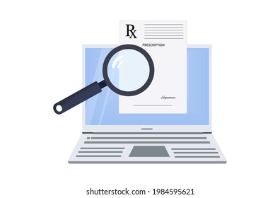 Prescription Rx Online. Electronic Digital Search Or Signing Of A Medical Recipe Over The Internet. Document Form On Laptop Screen With Magnifying Glass For Prescribing Medicines. Vector Illustration