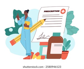 Prescription statement concept. Woman in medical uniform near list and pencil, pills. Pharmaceutical products. Healthcare and medicine, pharmacy. Flat vector illustration