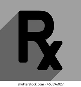 Prescription Symbol long shadow vector icon. Style is a flat prescription symbol black iconic symbol on a gray square background with longshadow.