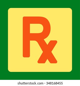 Prescription Symbol vector icon. Style is flat rounded square button, orange and yellow colors, green background.