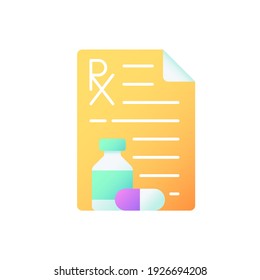 Prescription vector flat color icon. Receiving medication prescribed online. Pharmaceutical drugs. Physician order for patient. Cartoon style clip art for mobile app. Isolated RGB illustration