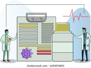 Prescription vector portrait concept with two male figures wearing lab coats while posing near big diagnosis document and drugs bottle, isolated in white background with heartbeat icon