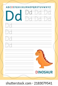 Prescriptions for children. Picture in scandinavian style. Writing letters. Vector illustration. Dinosaur - D