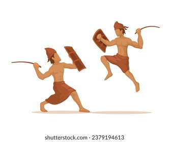 Presean Traditional Fighting Ritual From Lombok, Indonesia Cartoon illustration Vector