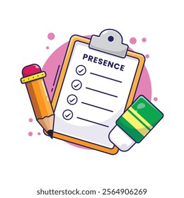 Presence clipboard cartoon illustration with pencil and eraser in flat style cartoon vector. Back to school. School Supplies