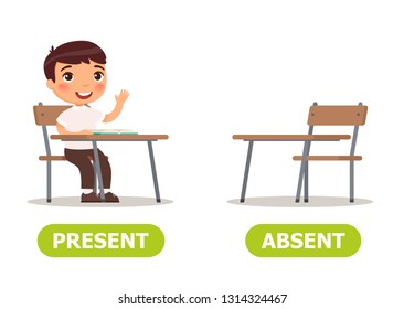 
PRESENT and ABSENT. Antonyms word card vector template. Flashcard for english language learning. Opposites concept. Little boy sits at a school 