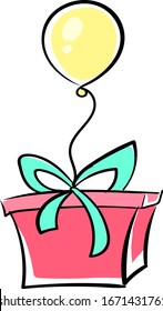 Präsent mit Ballon, Illustration, Vektorillustration auf weißem Hintergrund.
