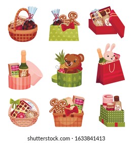 Present Baskets and Carton Boxes Full of Gifts Vector Set
