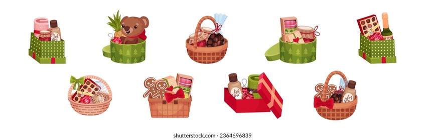 Present Baskets and Carton Boxes Full of Gifts Vector Set